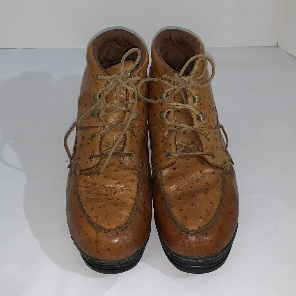 Justin Vintage Ankle Boots Mens 13M Brown Leather Ostrich Print Moc Toe Work 910